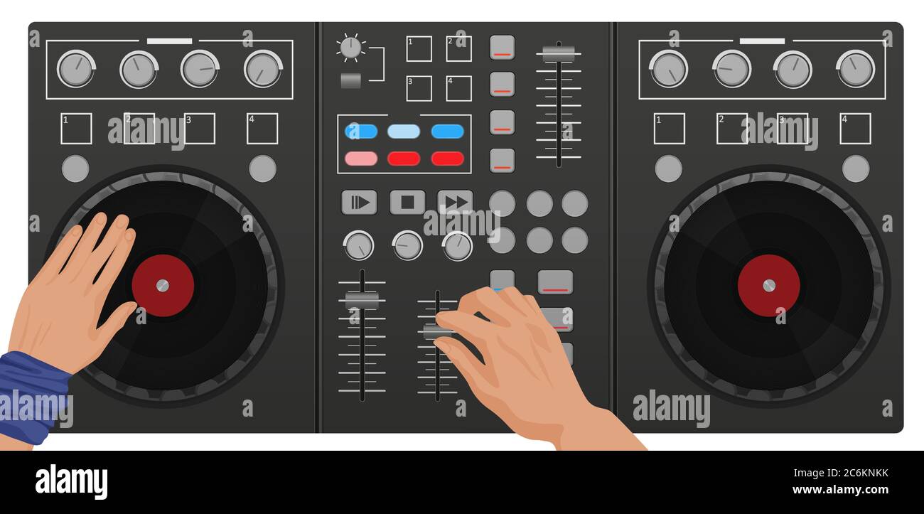 DJ Hände spielen Vinyl. Draufsicht. DJ Interface Workspace Mixer Konsole Plattenspieler. Nachtclub-Konzept Stock Vektor