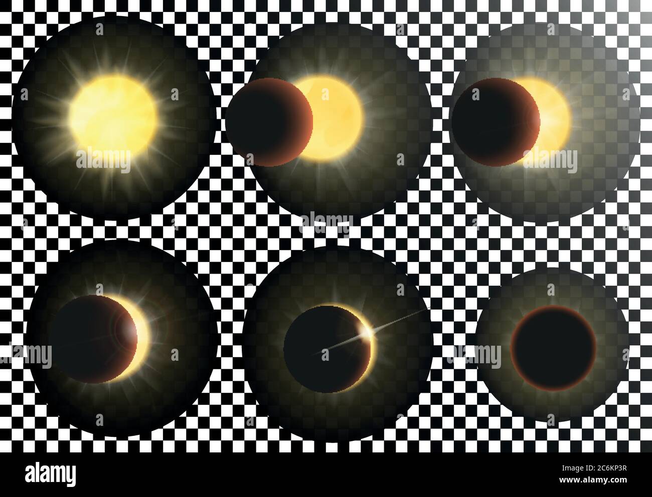 Vektordarstellung Sonnenfinsternis. Verschiedene Phasen der Sonnenfinsternis eingestellt Stock Vektor