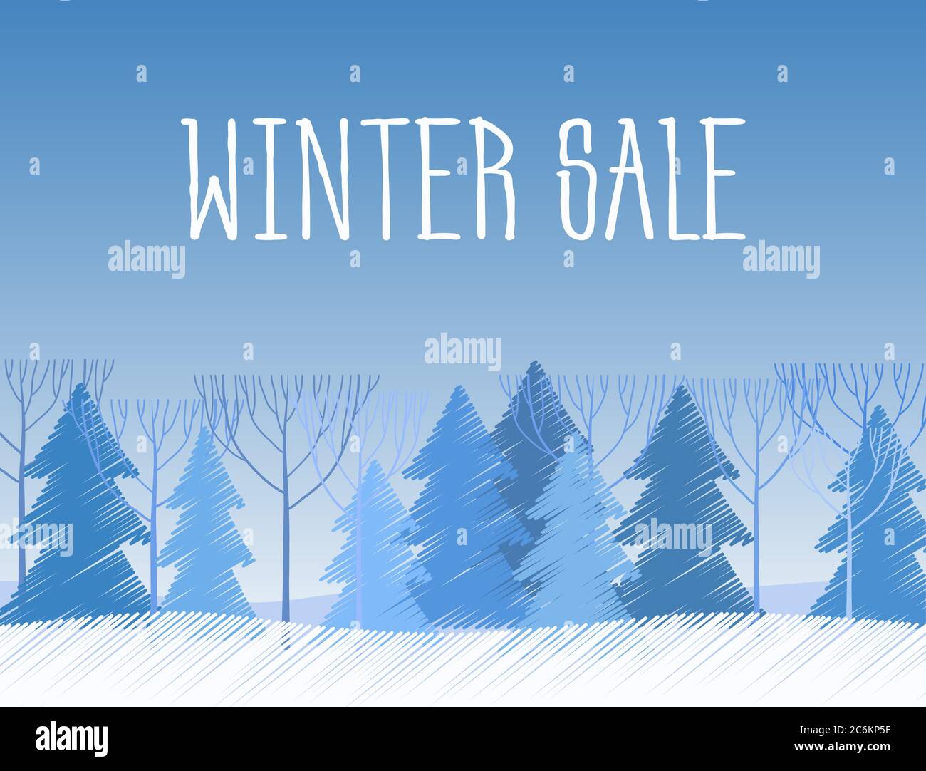 Winter Sale Worte auf die schöne Christmas flache Winterlandschaft mit Baumhintergrund. Skizzenzeichnung malen Stock Vektor