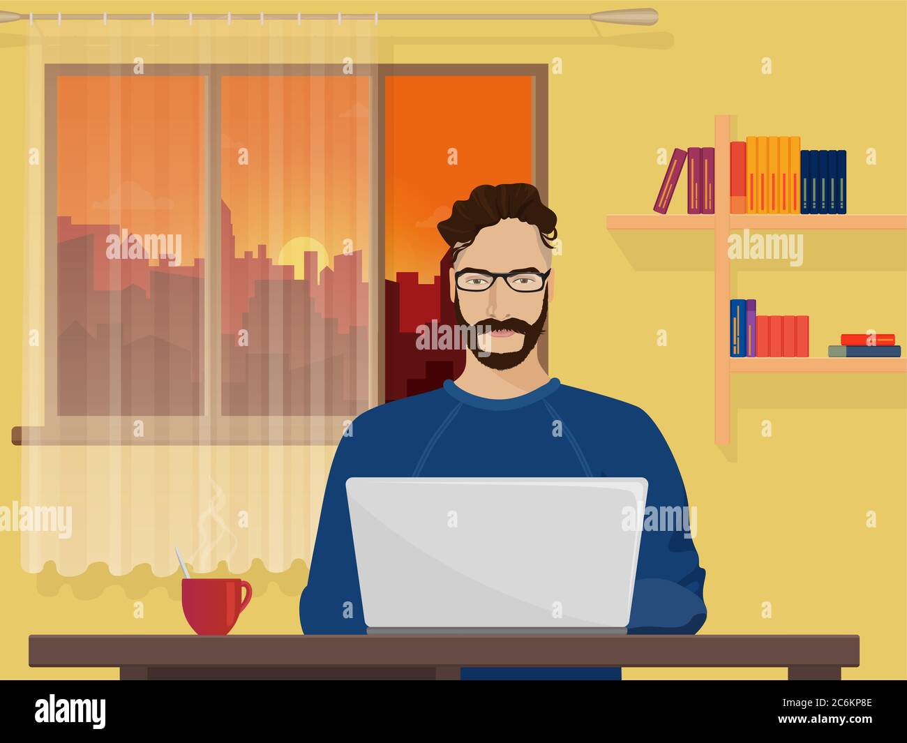 Man Freelancer Designer Hipster arbeitet Codierung und Programmierung auf seinem Laptop. Mann Zeichnung Kunst Design-Projekt in seiner eigenen Wohnung Stock Vektor