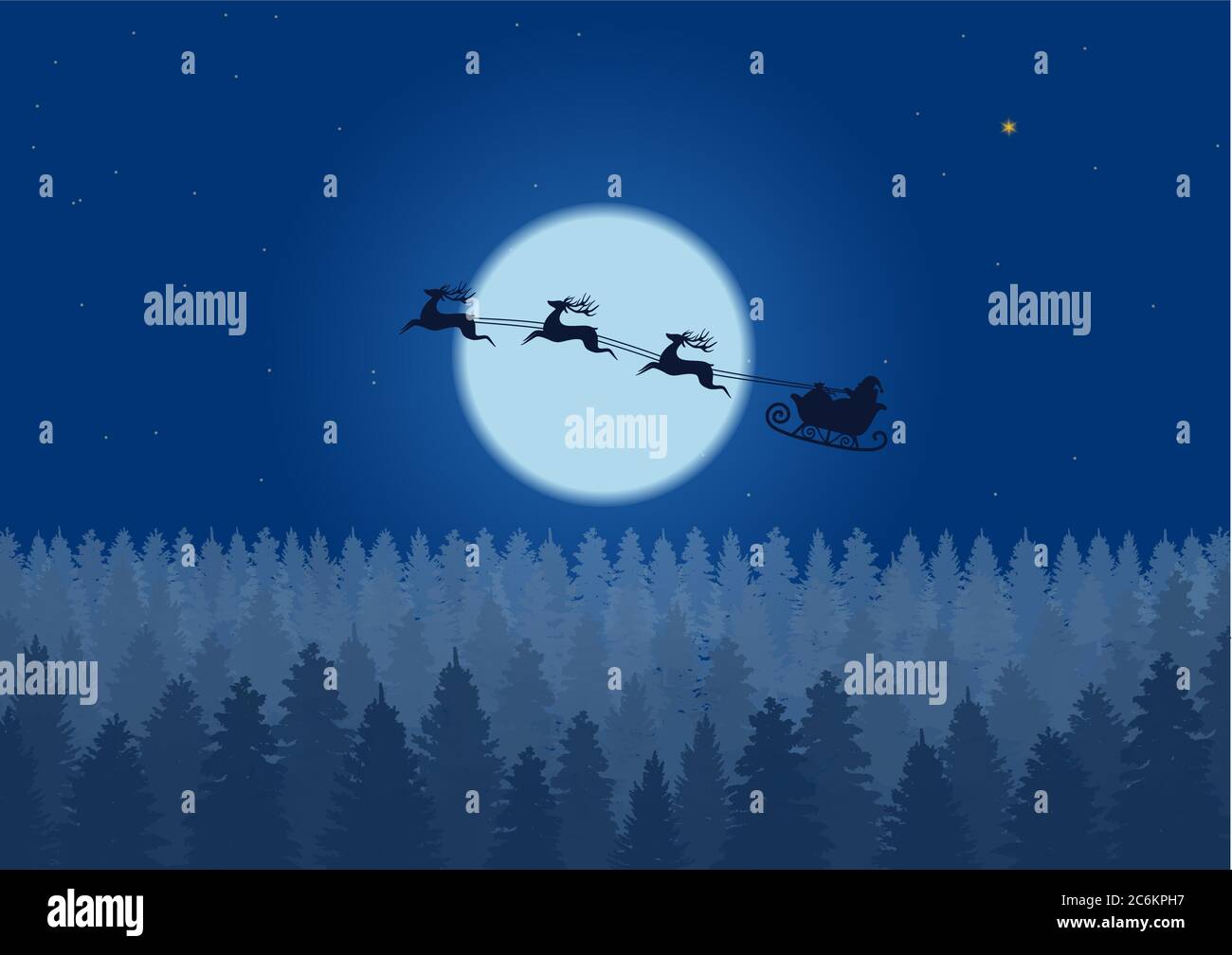 Santa fliegt durch den Nachthimmel unter dem weihnachtswald. Santa Schlitten fahren über Wälder in der Nähe von Großmond in der Nacht Stock Vektor