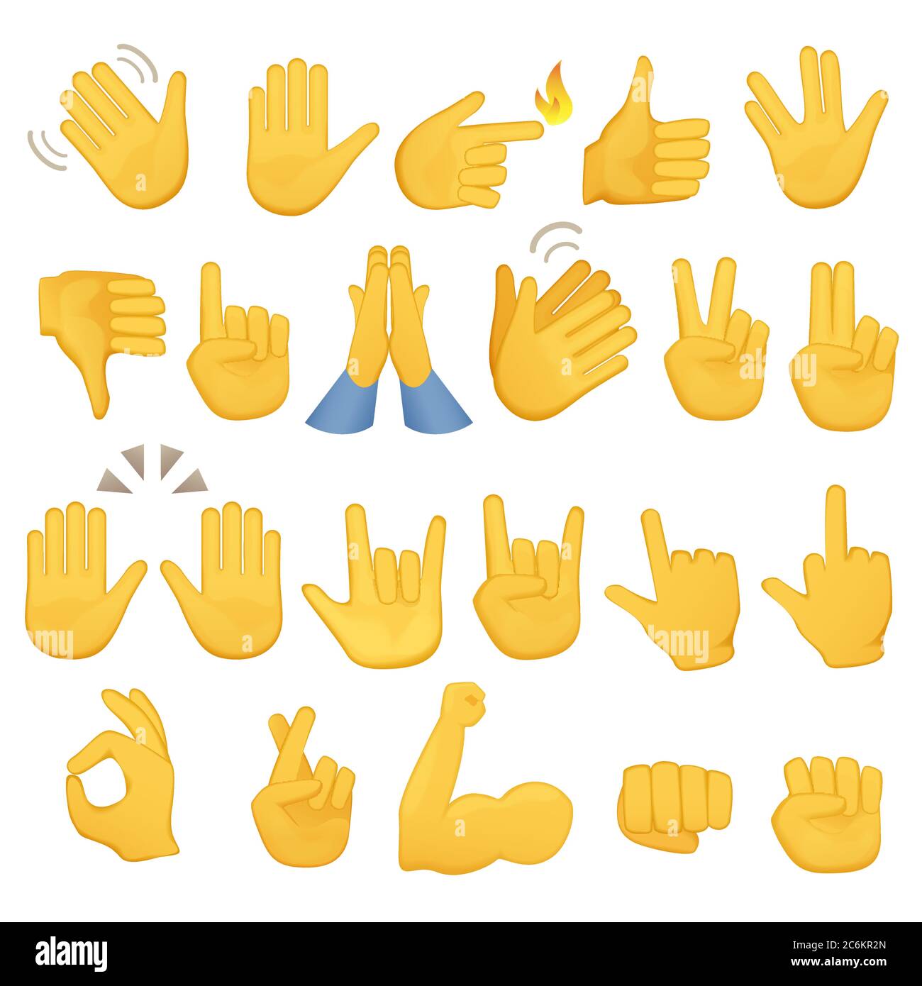 Satz von Handsymbolen und Symbolen. Emoji-Handsymbole. Verschiedene Gesten, Hände, Signale und Zeichen, Vektordarstellung Stock Vektor