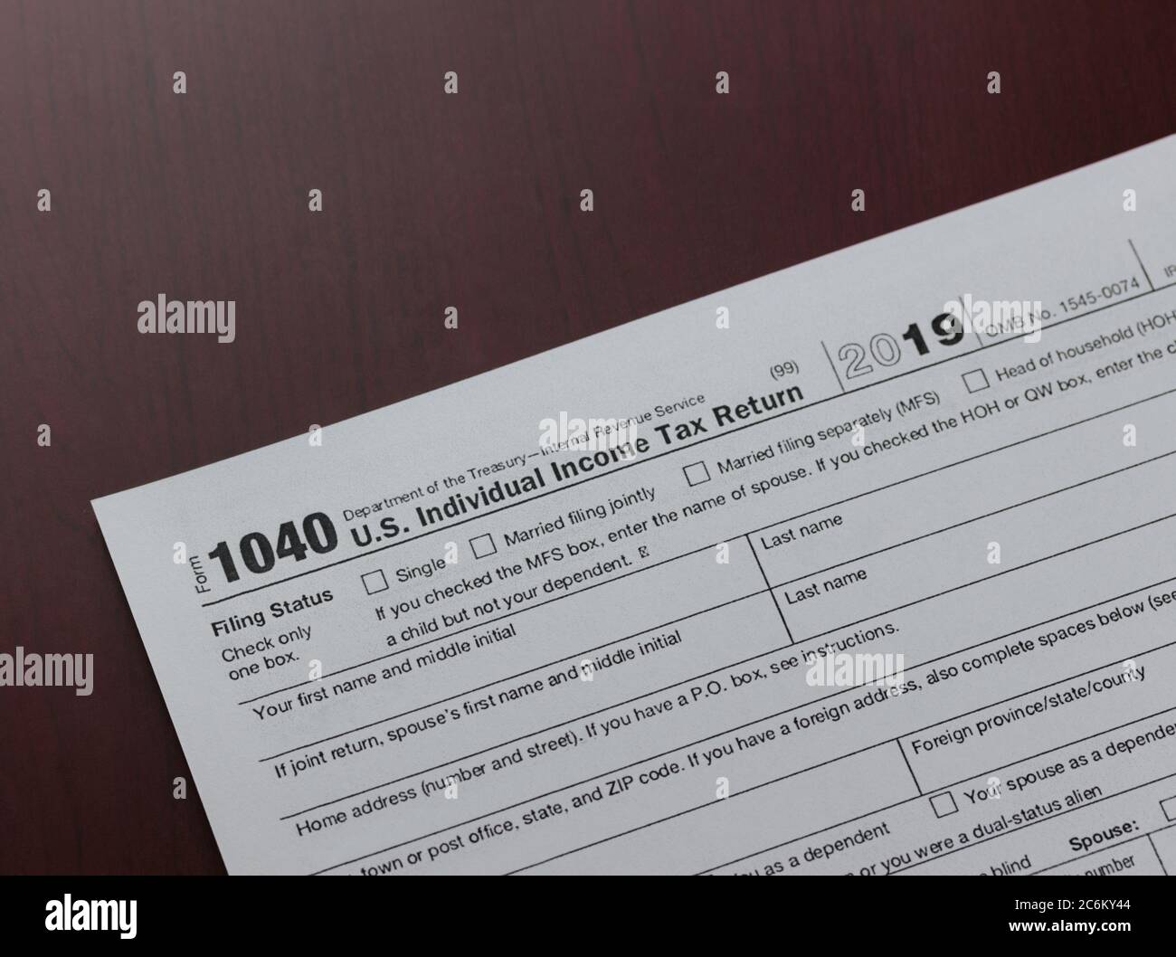 Überschrift eines leeren US-Bundeseinkommensteuererklärung Formular 1040 für 2019 Stockfoto