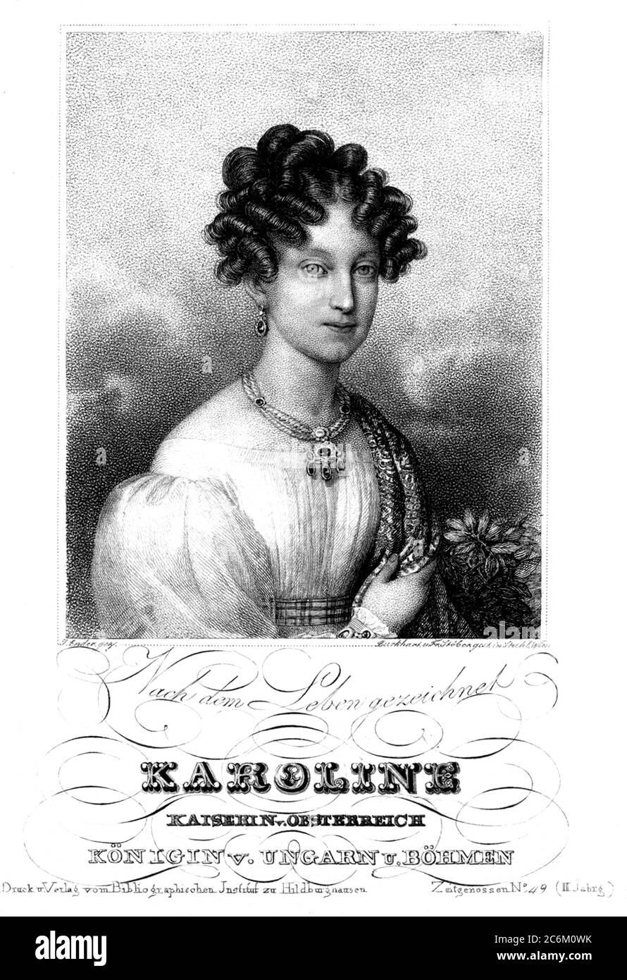 1820 c, ÖSTERREICH : Kaiserin CAROLINE AUGUSTA von ÖSTERREICH ( 1792 - 1873 ). Geboren von König Maximilian I. Joseph von Bayern und Prinzessin Augusta Wilhelmine von Hessen-Darmstadt, verheiratet mit Kaiser Franz I. von Österreich ( Franz I. , 1768 - 1835 ), war das Paar ohne Söhne. Stich von Burkhart & Stober nach einem Porträt des Malers Ender. - Karoline Charlotte Auguste von Bayern - Carolina Augusta - Baviera - Imperatrice - Kaiser von Habsburg-Lothringen - ADEL - NOBILI - Reali austriaci - Nobiltà austriaca e spagnola - KÖNIGLICHE Hoheit von Habsburg - Inzisione - Gravur - ritratto Stockfoto