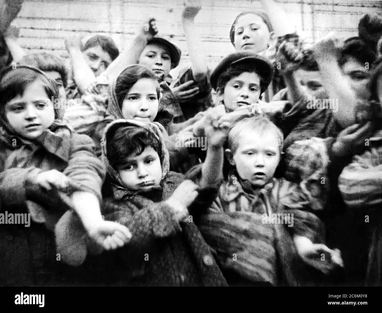 1945, januar, AUSCHWITZ, POLEN: Das Nazi-Konzentrationslager, Kinder überlebten in Olocaust den Tag der Befreiung durch die russische sowjetische Rote Armee, zeigen die Seriennummern tätowiert auf dem rechten Arm. Foto von einem unbekannten militärischen Fotografen im Dienst der russischen Truppen. - Konzentrationslager Auschwitz - Zweiter Weltkrieg - Shoà - OLOCAUSTO - EBREIT - Campi di concentamento di sterminio ebraico - 2. Weltkrieg - 2. WELTKRIEG - SECONDA GUERRA MONDIALE - 2. Weltkrieg - 2. Weltkrieg - foto storiche - foto storica - GERMANIA - POLONIA - GESCHICHTE - FOTO STORICHE - NAZIST - NAZISTA - NAZISTI - NAZISMO - NAZISMUS Stockfoto