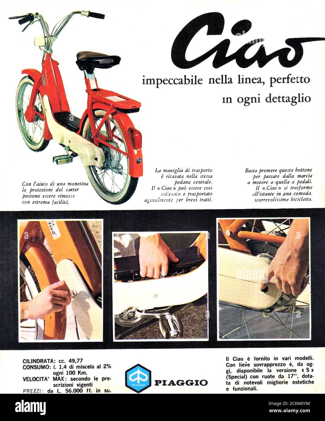 1969, ITALIEN: Der gefeierte italienische Roller CIAO 50 von PIAGGIO Industrie, Werbung. - MOTORROLLER - MOTORROLLER - Moto - INDUSTRIA - INDUSTRIALE - GESCHICHTE - foto storica - INDUSTRIALE - INDUSTRIE - INDUSTRIA - WERBUNG - pubblicità - Moto - motocicismo - Motorrad - Motorroller - ANNI SESSANTA - '60 - 60er --- Archivio GBB Stockfoto