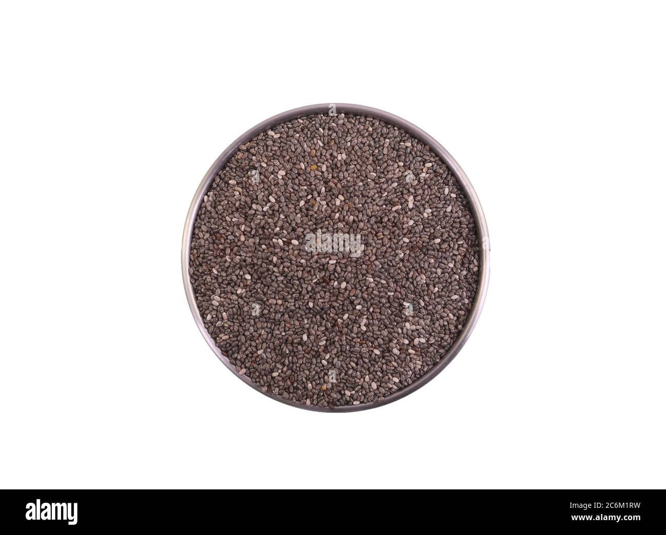 Chia Samen sind winzige schwarze Samen aus der Pflanze Salvia hispanica, die mit der Minze verwandt ist und ein wichtiges Futter für die Azteken und Mayas peo waren Stockfoto