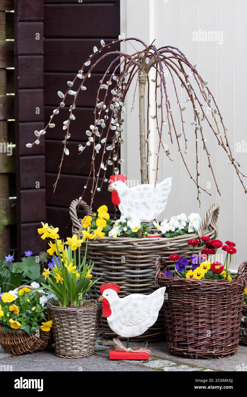 osterdekoration mit osterhuhn und Frühlingsblumen in Körben Stockfoto