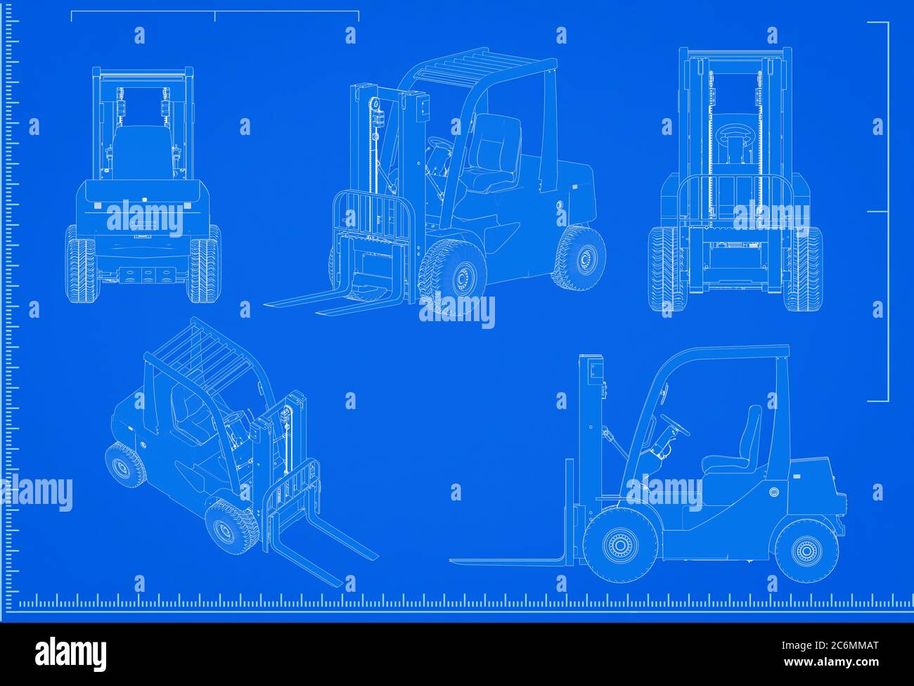 3d Rendering Gabelstapler Blaupause mit Skala auf blauem Hintergrund Stockfoto