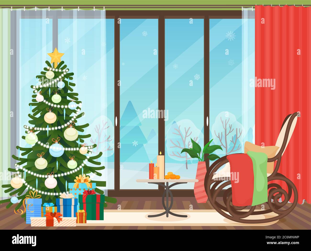 Weihnachten Wohnzimmer Wohnung Innenraum mit Schaukelstuhl Vektor-Illustration. Weihnachtsbaum. Winterlandschaft draußen Stock Vektor