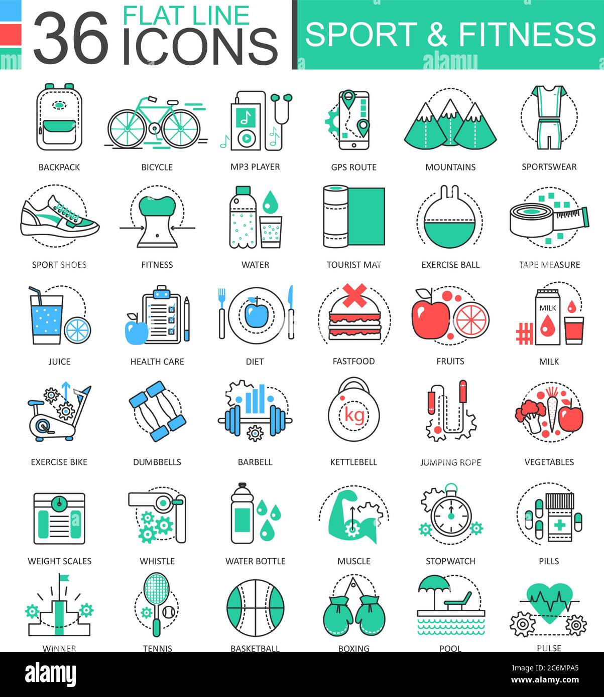 Vector Sport und Fitness Moderne Farbe flache Linie Umriss Symbole für Apps und Web-Design Stock Vektor