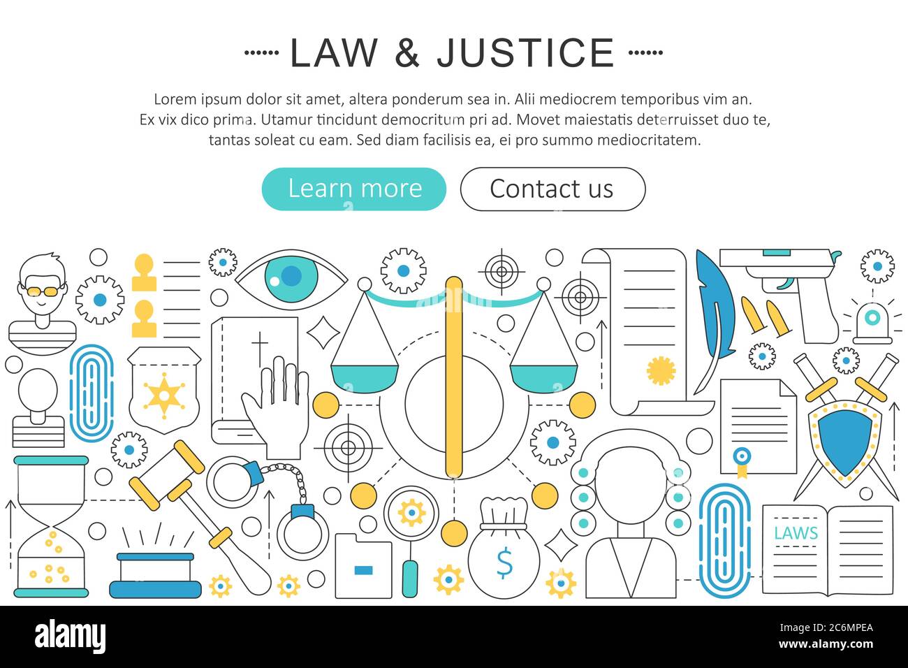 Vektor moderne Linie flaches Design Gesetz und Gerechtigkeit Konzept. Symbole für Recht und Gerechtigkeit Website Header, App Design Poster Banner Stock Vektor