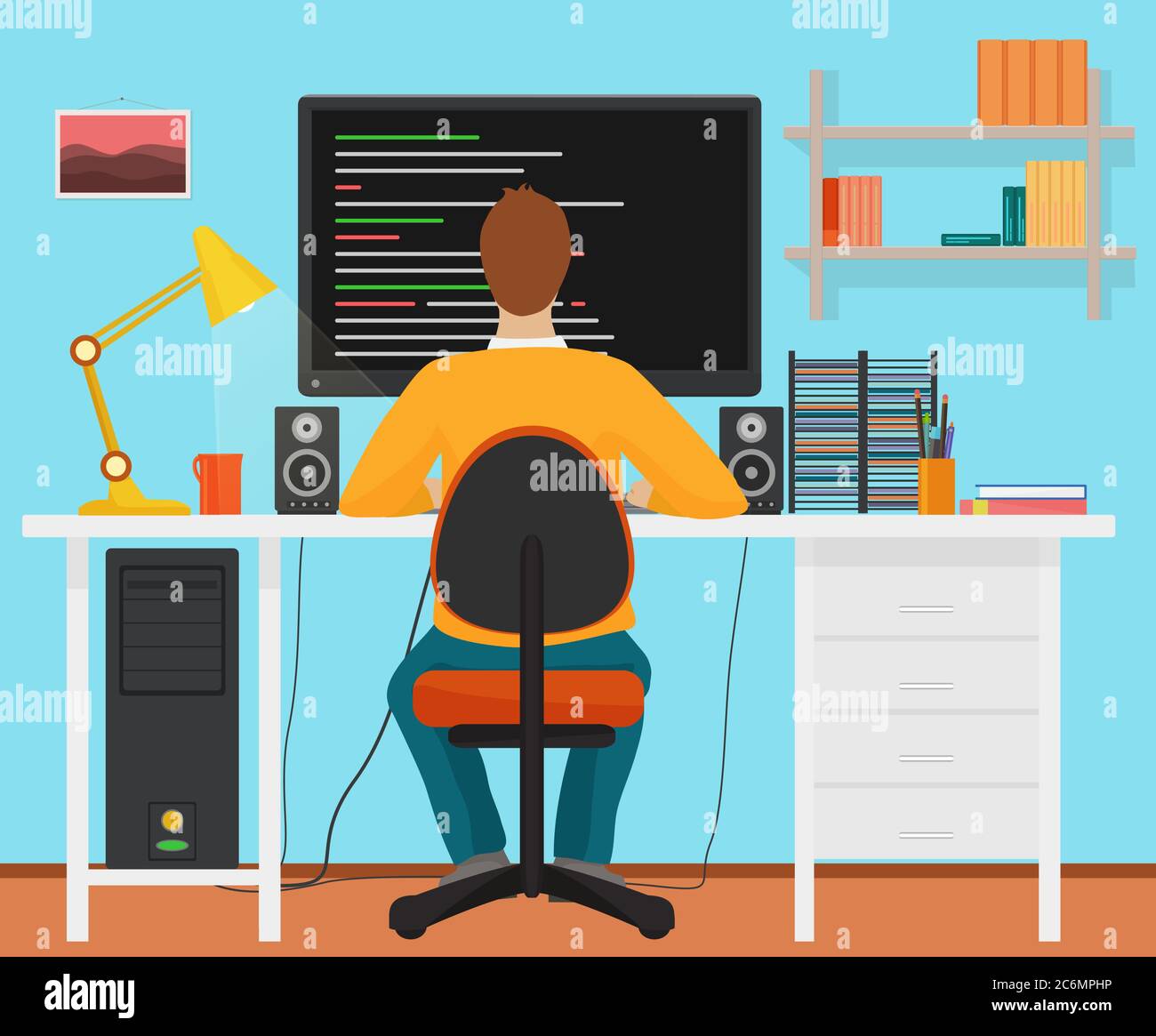 Mann Programmierer wieder arbeiten auf seinem PC-Computer. Codierung und Programmierung. Programmiergerät für den Büroinnenraum Stock Vektor