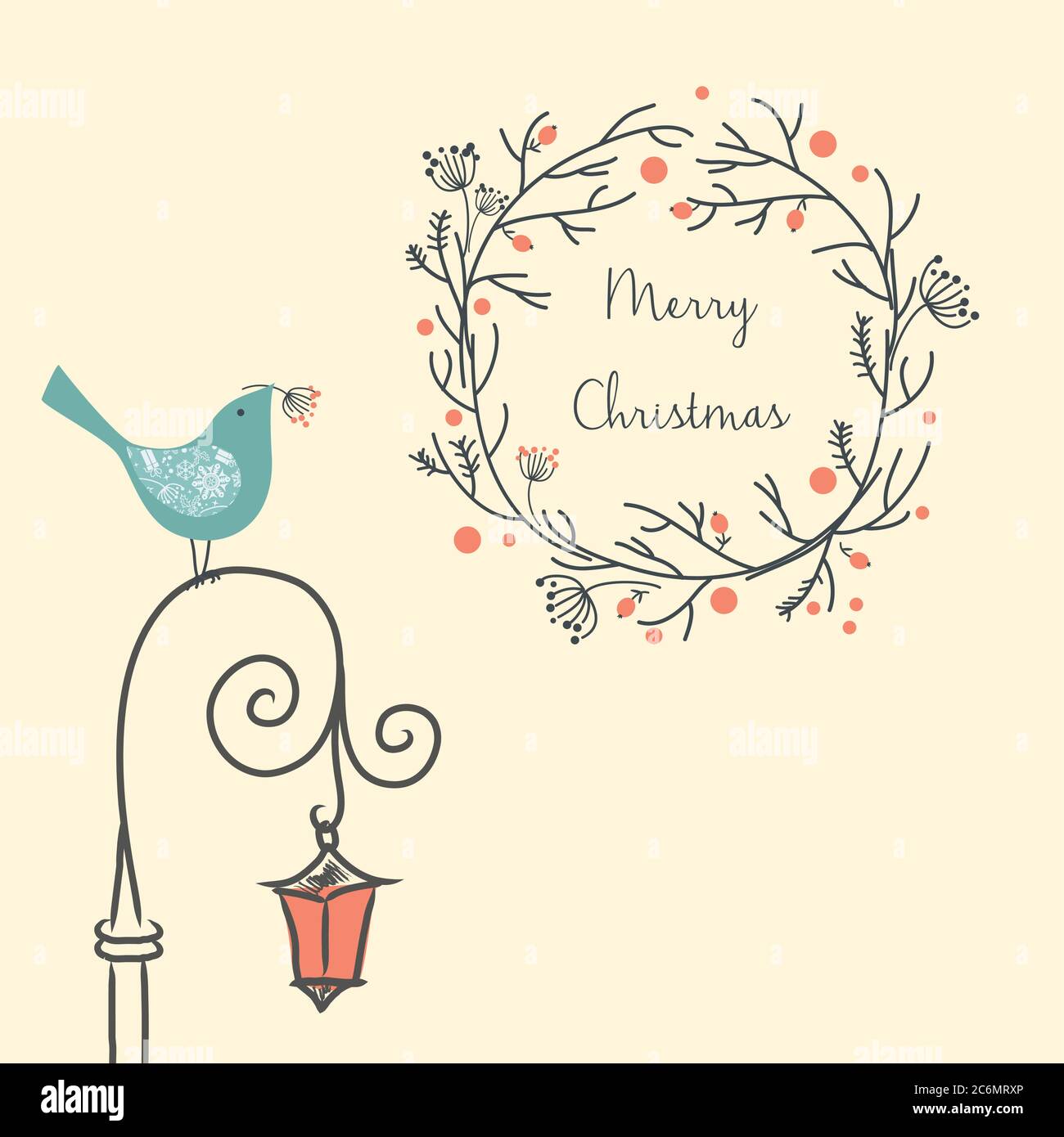 Weihnachtskranz mit Vogel auf der alten Straßenlaterde. Vintage Neujahr und Weihnachten Element. Weihnachtskarte Stock Vektor