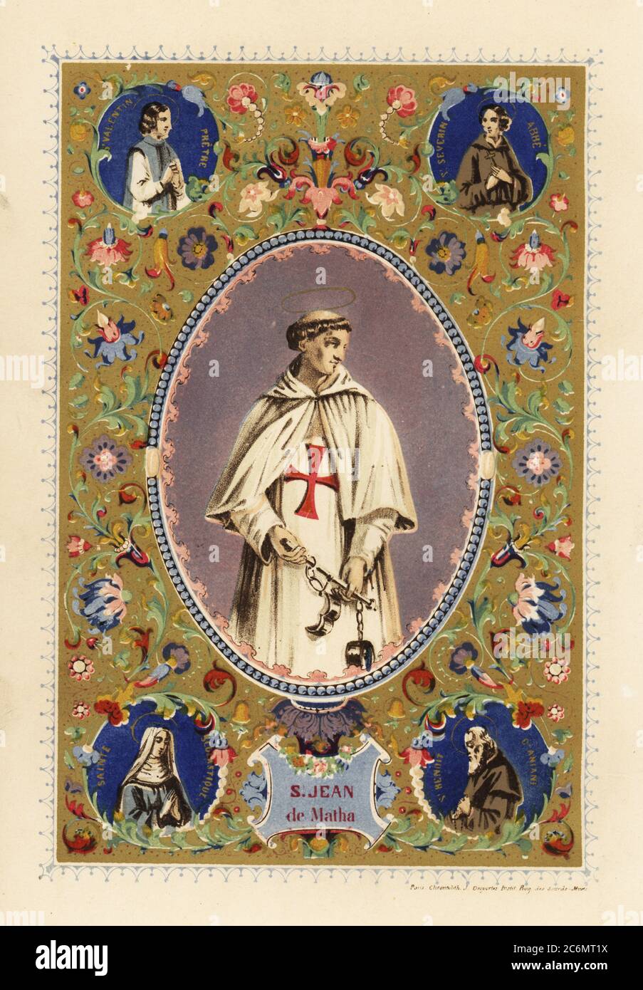 Porträt des heiligen Johannes von Matha, Gründer des Ordens der Allerheiligsten Dreifaltigkeit, mit Halo, in Kreuzritterroben, mit Fesseln befreiter Christen. Vignetten des heiligen Valentin, Priester im Römischen Reich, des heiligen Severin, Abtes von Saint-Maurice (Agaune), des heiligen Benedikt von Aniane und des heiligen Scholastica. Chromolithograph von Legende Celeste, nouvelle histoire de la Vie des Saints, Celestial Legend, Lives of the Saints, Paul Mellier, Paris, 1845. Chromolithographie von Jules Desportes, Professor für Lithographie am Institut Royal des Sourds-Muets. Stockfoto