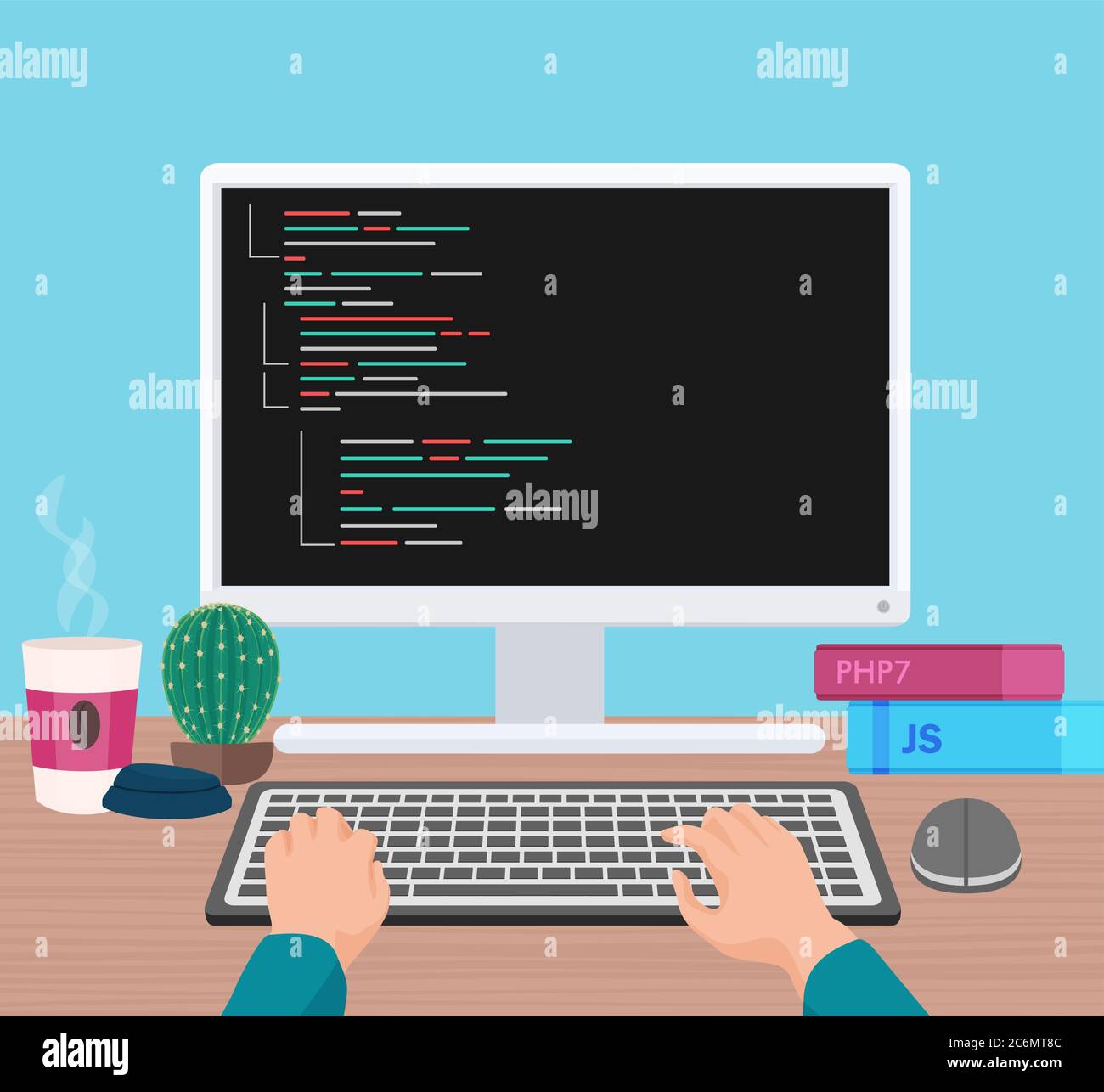 Mann Programmierer Hände arbeiten auf seinem PC-Computer. Codierung und Programmierung. Vektordarstellung der Kopfmonitoransicht Stock Vektor