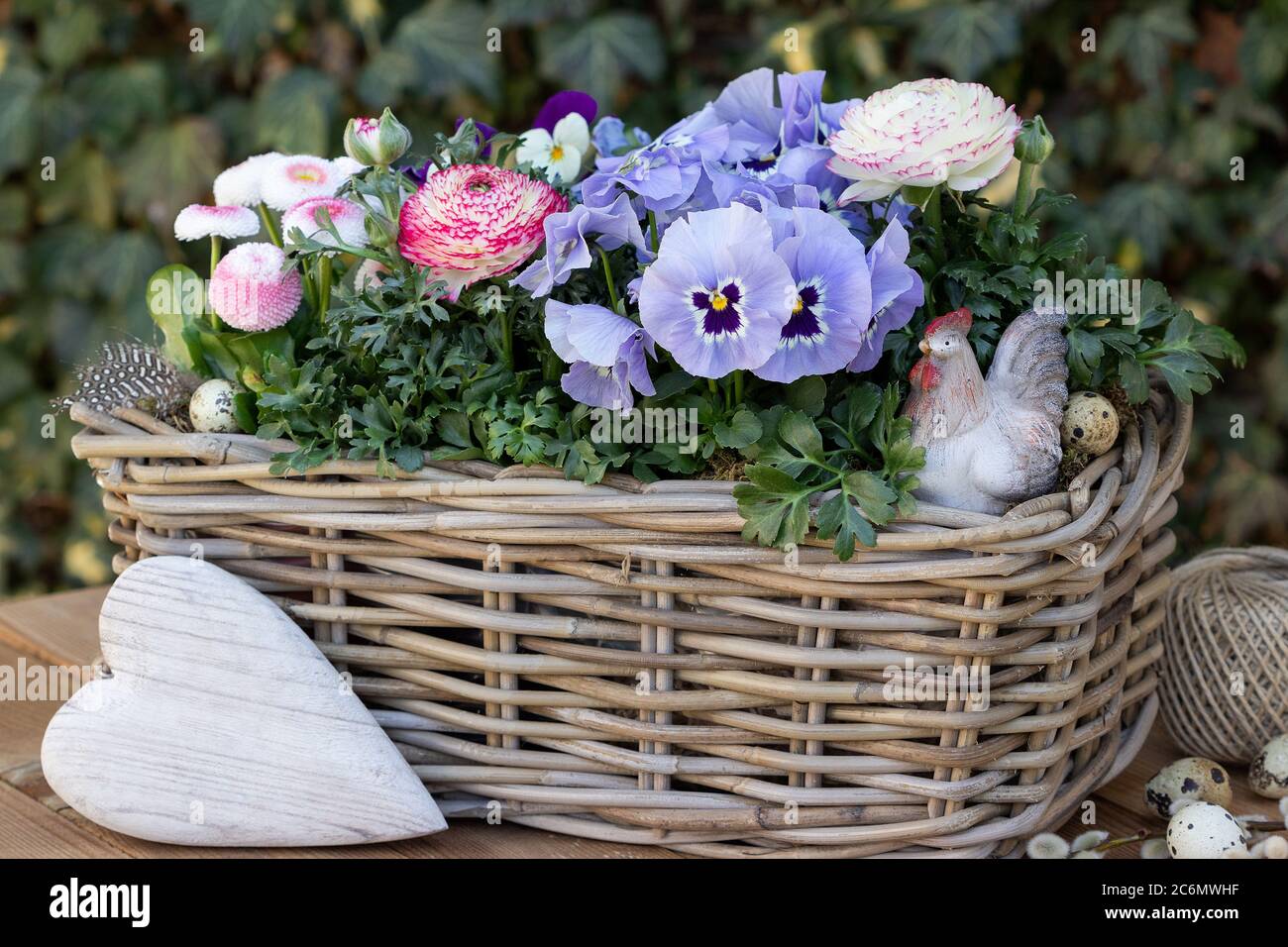 Frühlingsblumen im Korb als Gartendekoration Stockfoto