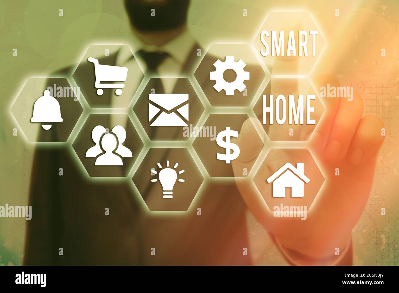 Textschild mit Smart Home. Business Foto Text ausgestattet Haus kann per Telefon oder Computer Grids und verschiedene Einrichtung des Symbols ferngesteuert werden Stockfoto