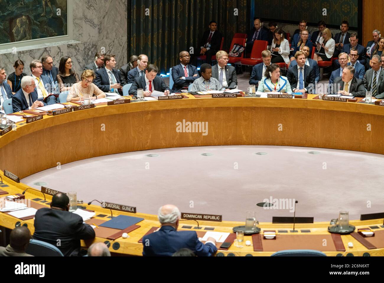 US-Außenminister Mike Pompeo nimmt an einer Sitzung des UN-Sicherheitsrates über Frieden und Sicherheit im Nahen Osten in New York City am 20. August 2019 Teil Stockfoto
