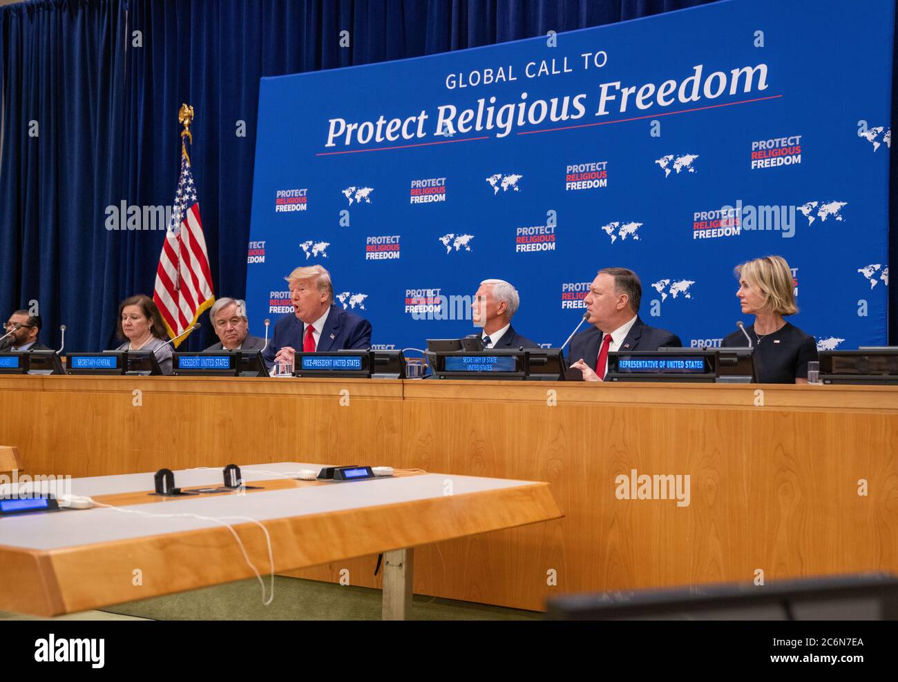 US-Präsident Donald Trump hält am 23. September 2019 bei der Veranstaltung der Vereinten Nationen über Religionsfreiheit in New York, New York, Rede Stockfoto