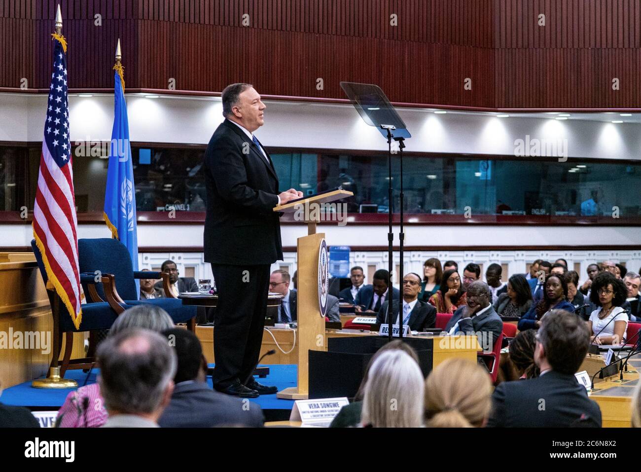 Außenminister Mike Pompeo hält am 19. Februar 2020 in Addis Abeba, Äthiopien, eine Rede zum Thema „Befreiung der Unternehmer Afrikas“ Stockfoto