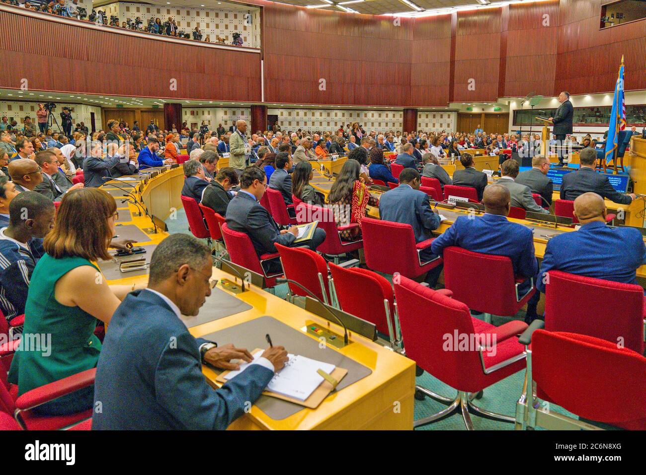 Außenminister Mike Pompeo hält am 19. Februar 2020 in Addis Abeba, Äthiopien, eine Rede zum Thema „Befreiung der Unternehmer Afrikas“ Stockfoto