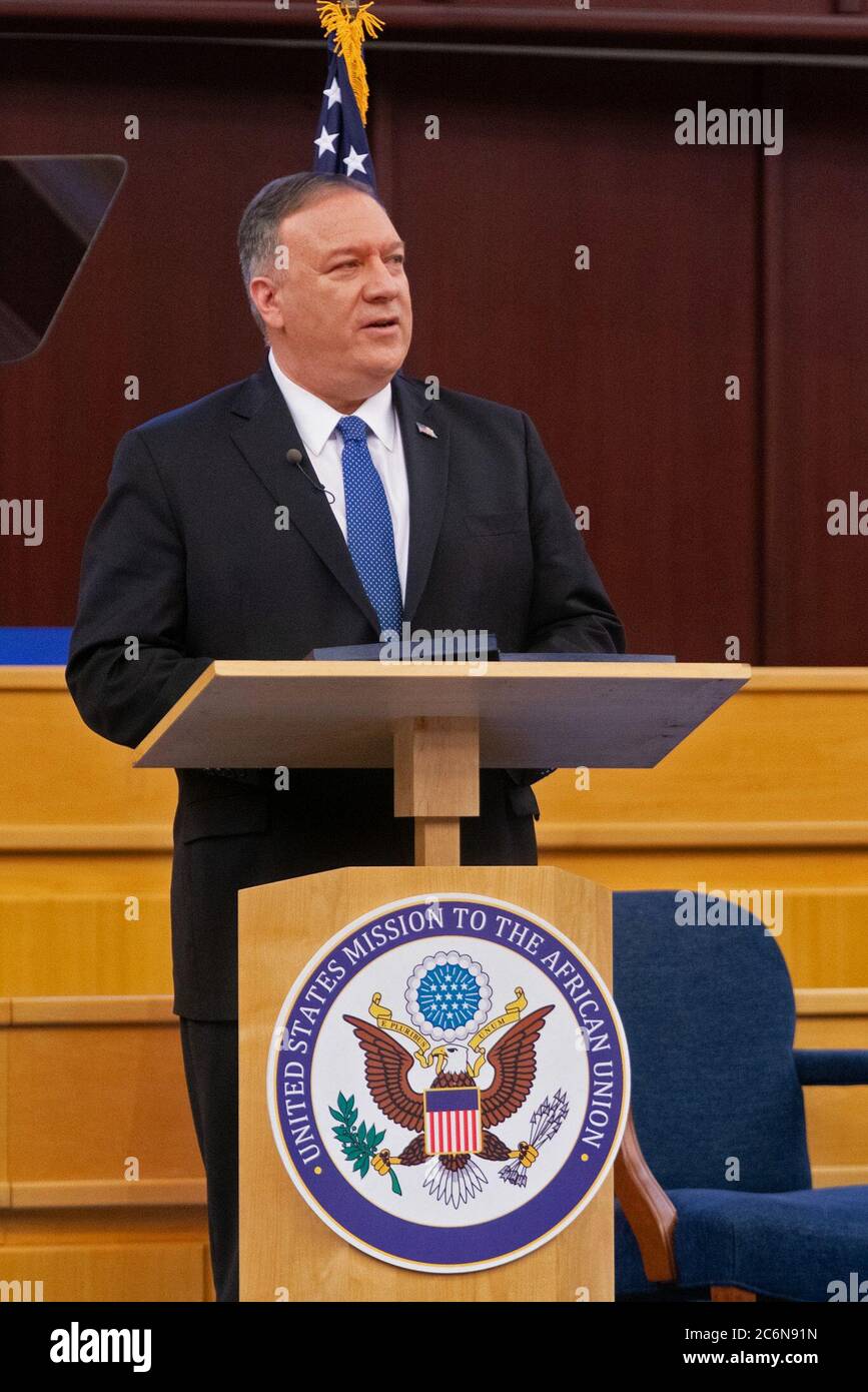 Außenminister Mike Pompeo hält am 19. Februar 2020 in Addis Abeba, Äthiopien, eine Rede zum Thema „Befreiung der Unternehmer Afrikas“ Stockfoto