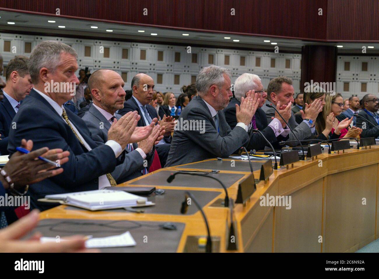 Außenminister Mike Pompeo hält am 19. Februar 2020 in Addis Abeba, Äthiopien, eine Rede zum Thema „Befreiung der Unternehmer Afrikas“ Stockfoto