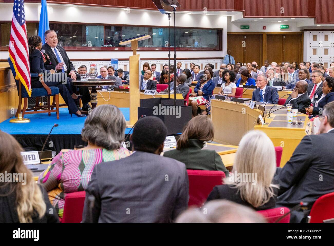 Außenminister Mike Pompeo hält am 19. Februar 2020 in Addis Abeba, Äthiopien, eine Rede zum Thema „Befreiung der Unternehmer Afrikas“ Stockfoto