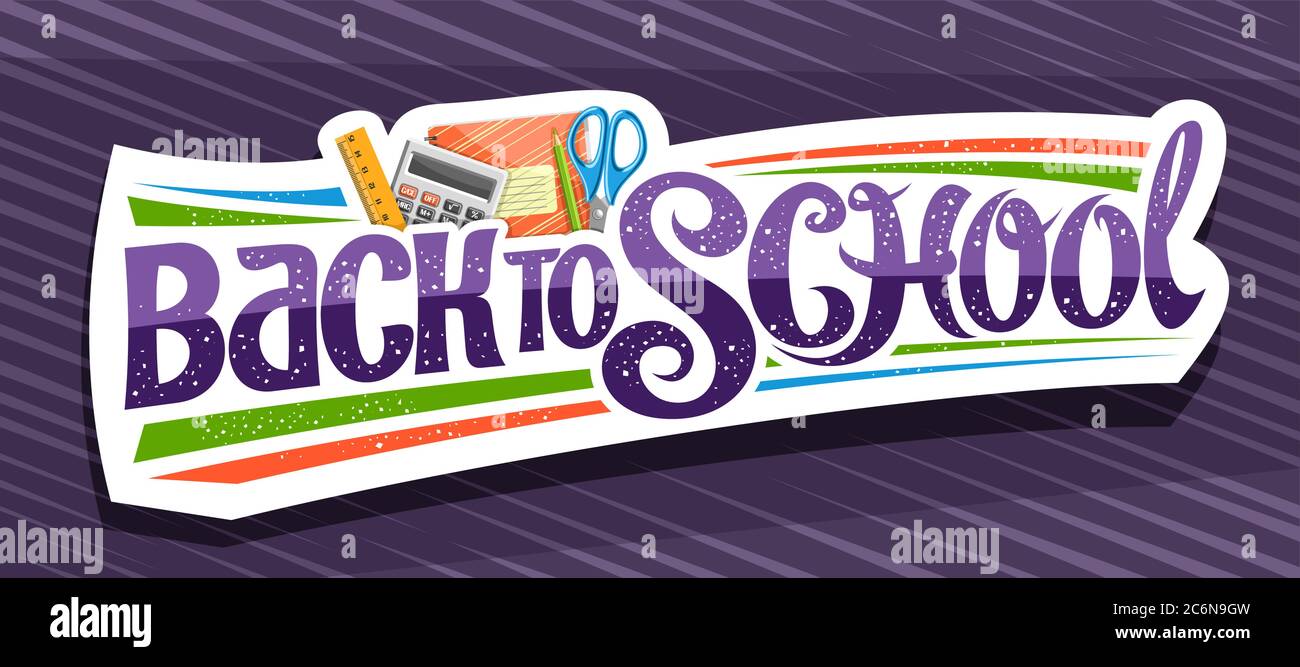 Vektor-Banner für Schule, weißes Deko-Abzeichen mit Illustration von bunten Schulzubehör und einzigartigem Pinselschriftzug - zurück zur Schule auf purpl Stock Vektor