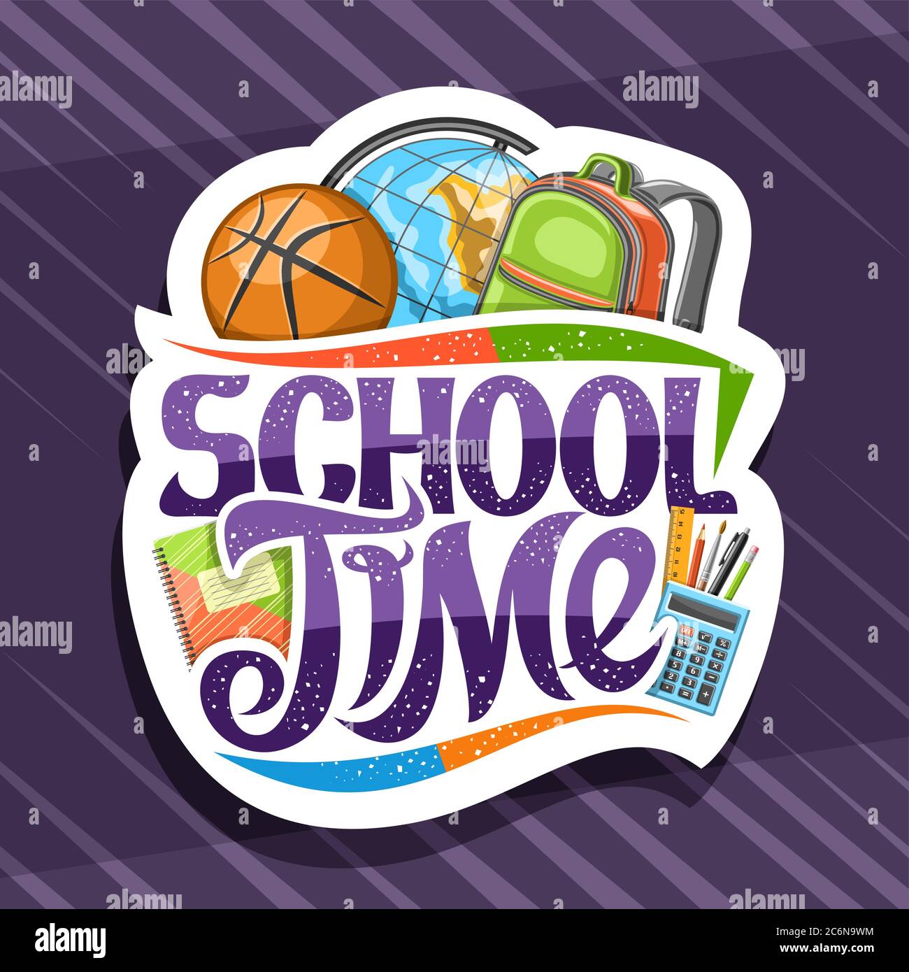 Vektor-Logo für Schulzeit, weißes Dekorationsabzeichen mit Illustration von bunten Schulzubehör und einzigartigen Pinsel-Schriftzug für Wörter - Schule tim Stock Vektor