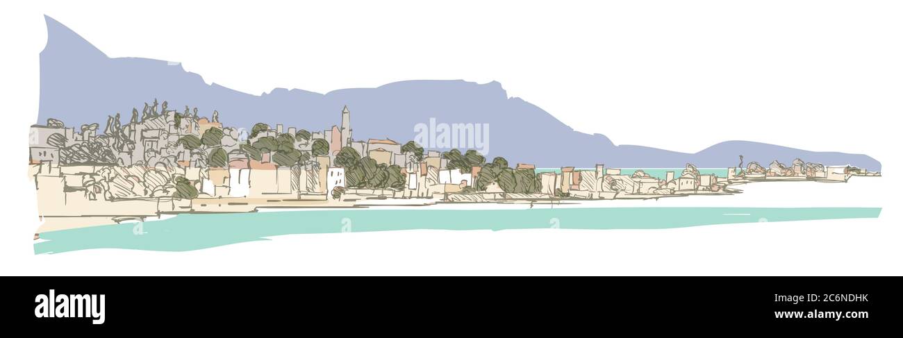 Landschaftlich schöne Panoramasicht auf die Mittelmeerküste - Vektor-Illustration (ideal für den Druck, Poster oder Tapeten, Hausdekoration) Stock Vektor