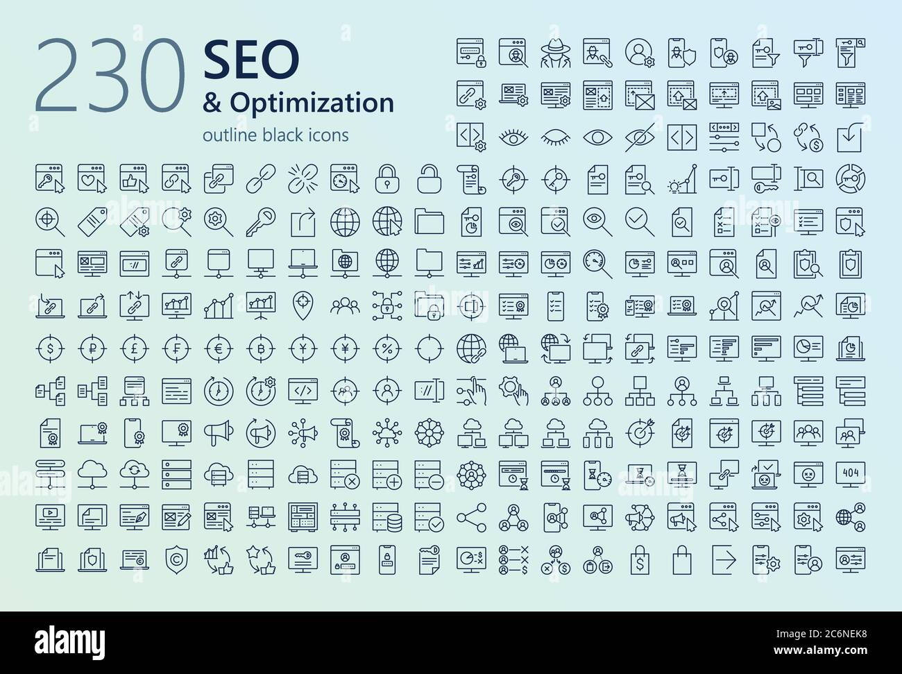 230 seo Umriss Symbole für Web, mobile App, Präsentationen und andere Stock Vektor