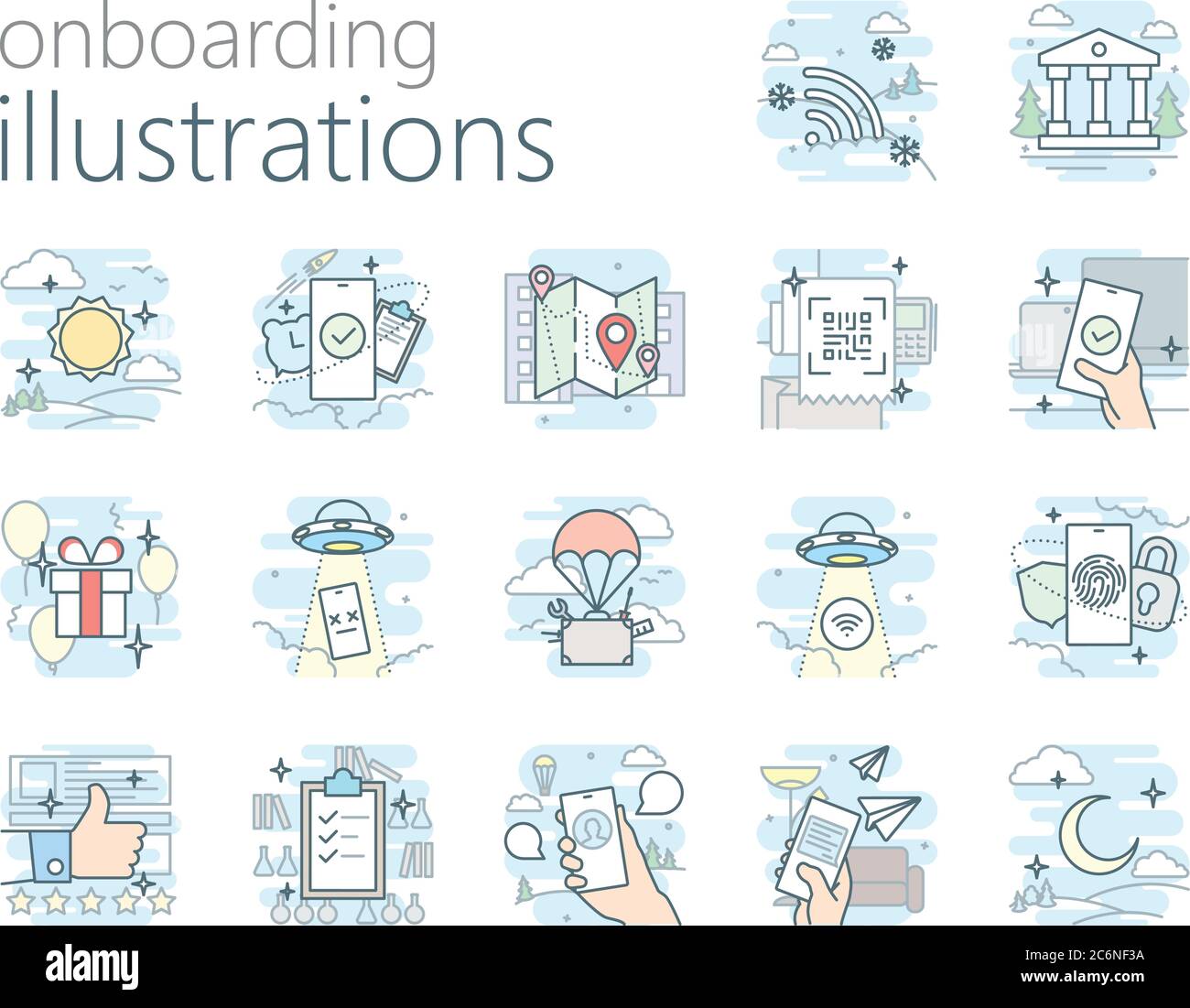 17 Onboarding-Illustrationen für mobile und Web-App und andere Stock Vektor