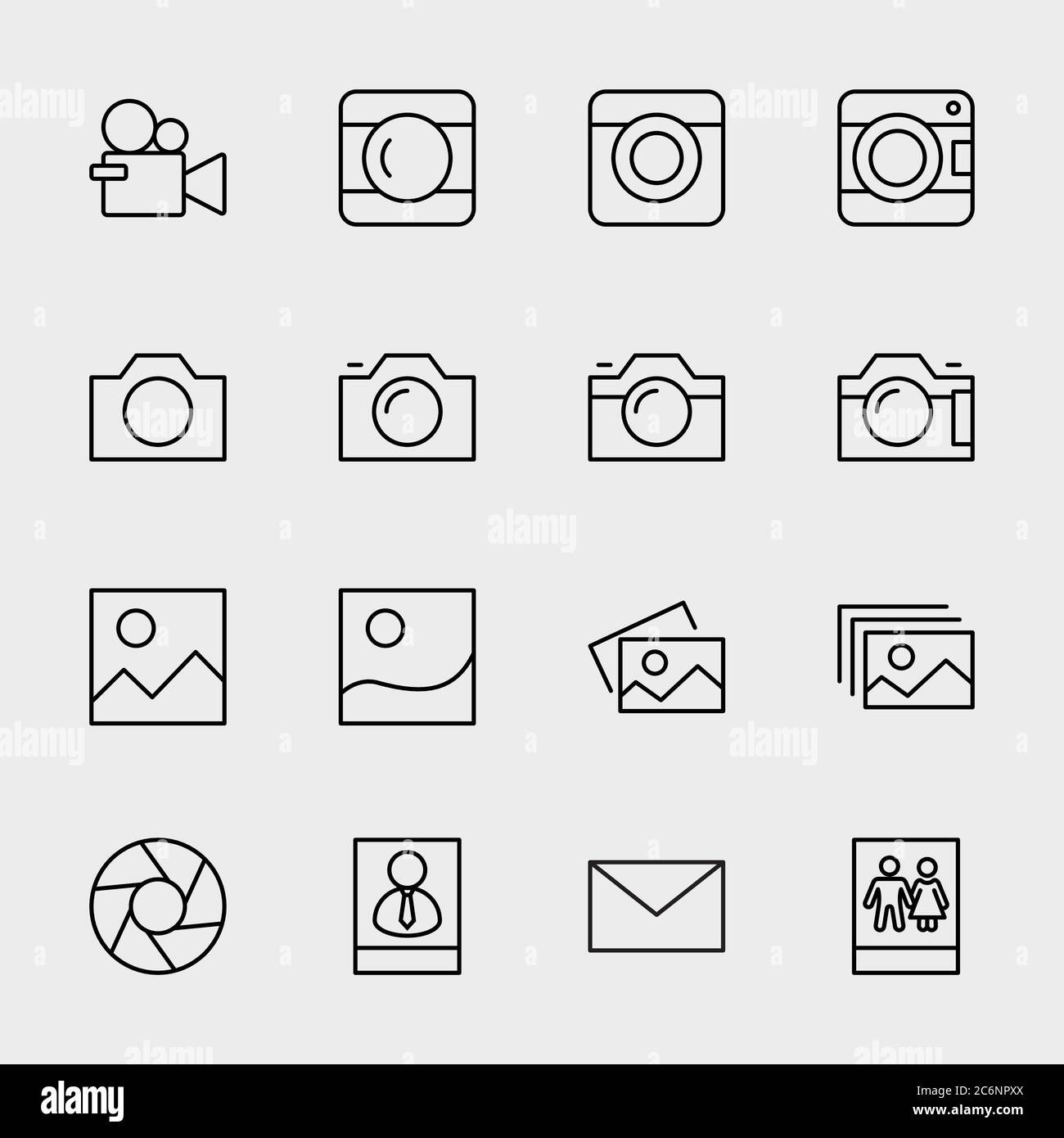 Symbole für Fotozeilen. Symbole Porträts und Familienfotos. Bearbeitbare Kontur Stock Vektor