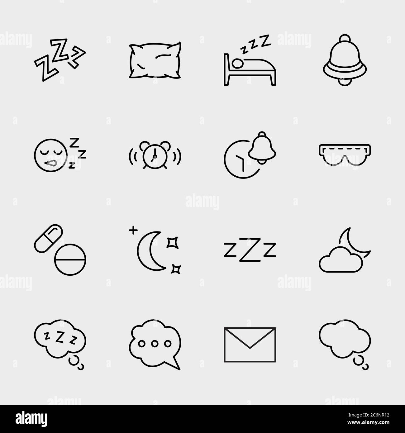 Symbole Für Die Schlafzeilenlinie. Icon Wecker Kissen, Schlafpillen, Glocke. Bearbeitbare Kontur Stock Vektor