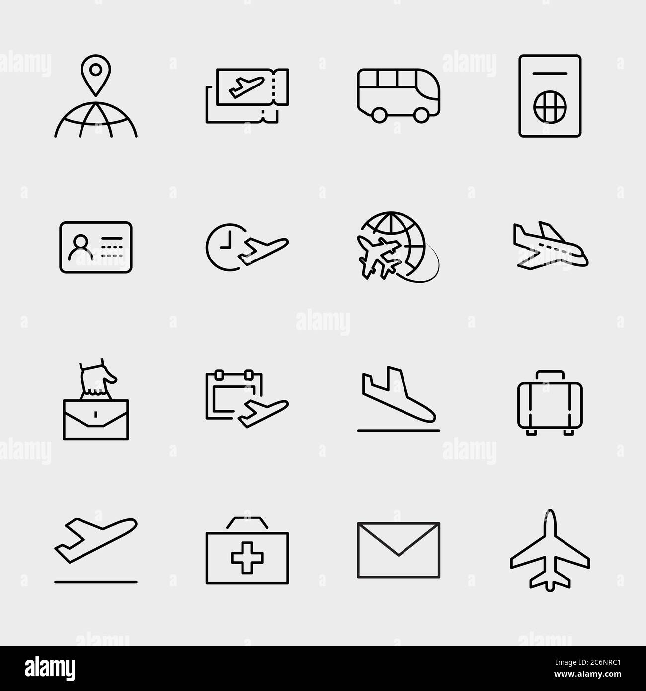 Symbole Der Flughafenlinie. Symbole wie Globe, Bus Tickets für Abflughalle. Bearbeitbare Kontur Stock Vektor
