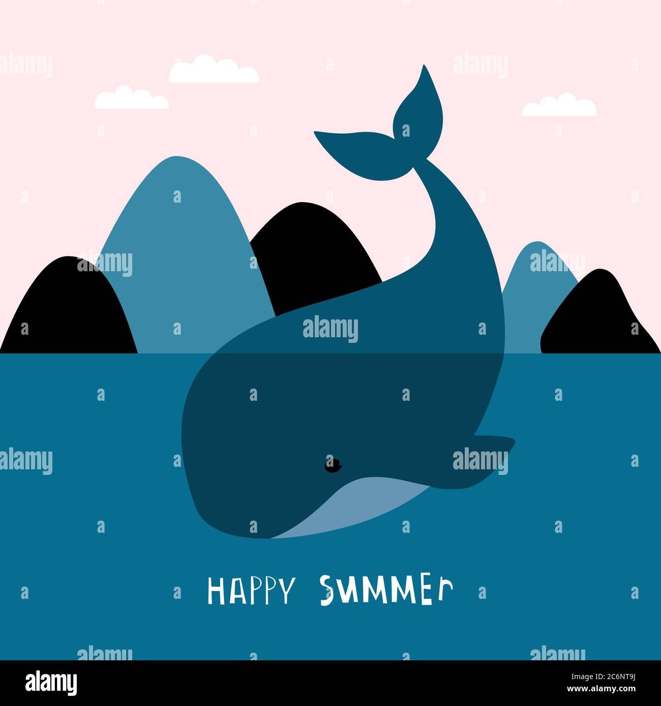 Happy Summer handgezeichneter kreativer Druck mit Wal. Kinderdruck für Kinderzimmer, Kinderkleidung, Poster, Postkarte. Vektorgrafik Stock Vektor