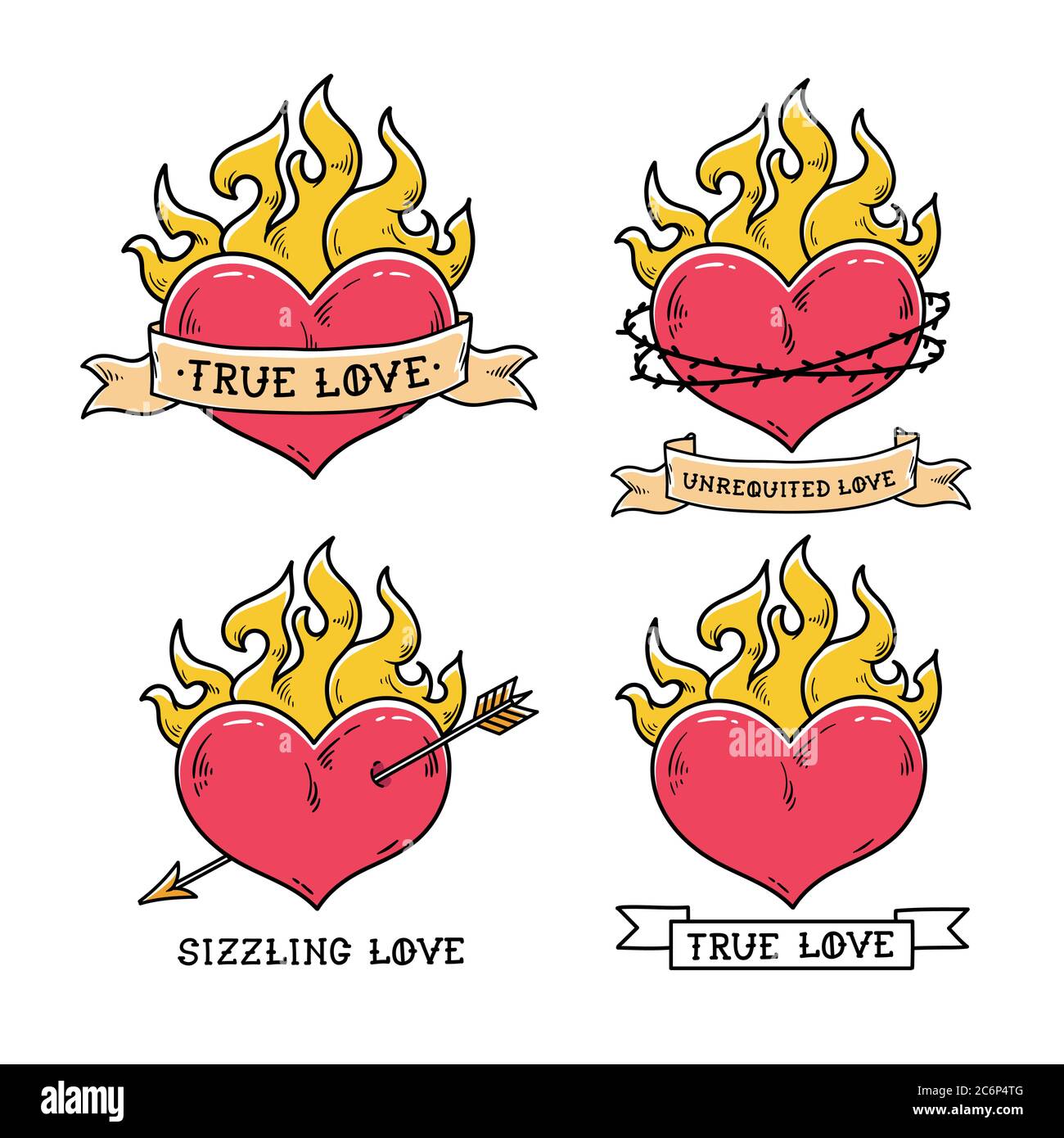 Set von Flaming Heart Tattoos mit Band. Stock Vektor Set von Flaming Heart Tattoos mit Band. Stock Vektor