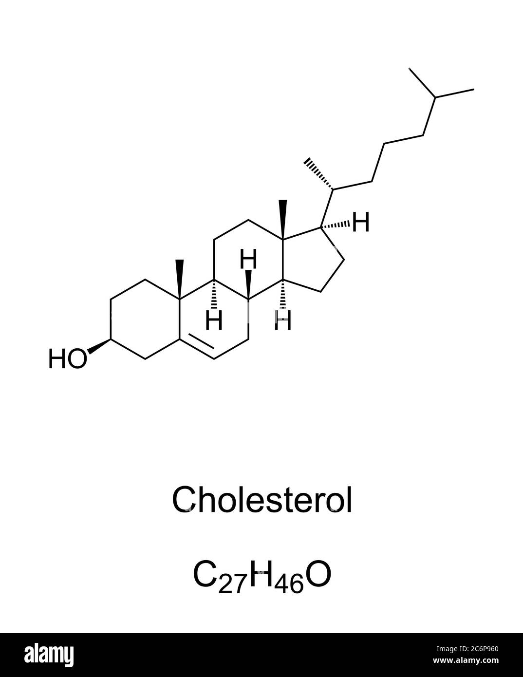 Cholesterin, chemische Struktur und Formel. Ein modifiziertes Steroid, eine Art von Lipid und das Hauptsterol, das von Menschen und Tieren synthetisiert wird. Stockfoto