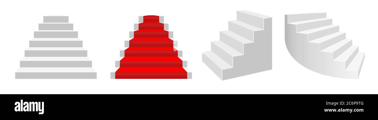 Realistische 3D-Vektor-Treppen. Vorderansicht, Vorderansicht mit rotem Teppich, halb-drehende weiße Treppe, gebogene Treppe. Stock Vektor