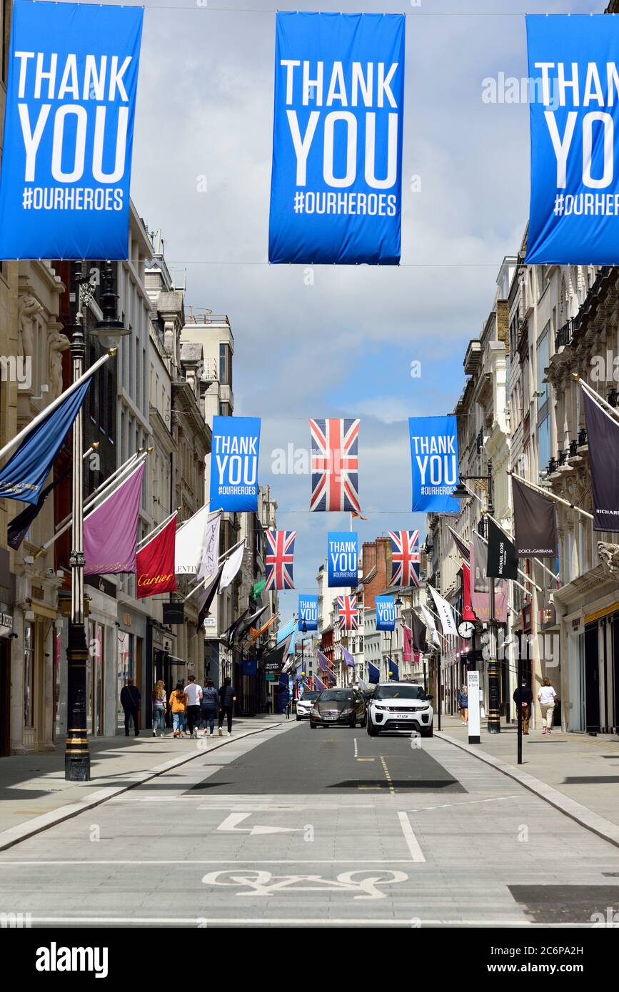 Wichtige Mitarbeiter Danke Banner, Old Bond Street, London, Großbritannien Stockfoto