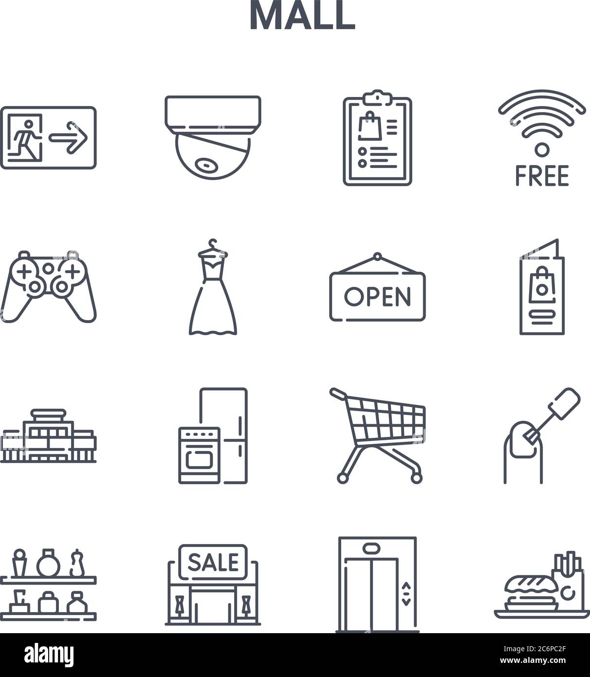 Satz von 16 Symbolen für die Vektorlinien des Konzepts „Mall“. 64x64 dünne Schlaganfall-Symbole wie cctv, Gamepad, Broschüre, Trolley, Verkauf, Fast Food, Aufzug, offen, WiFi Stock Vektor
