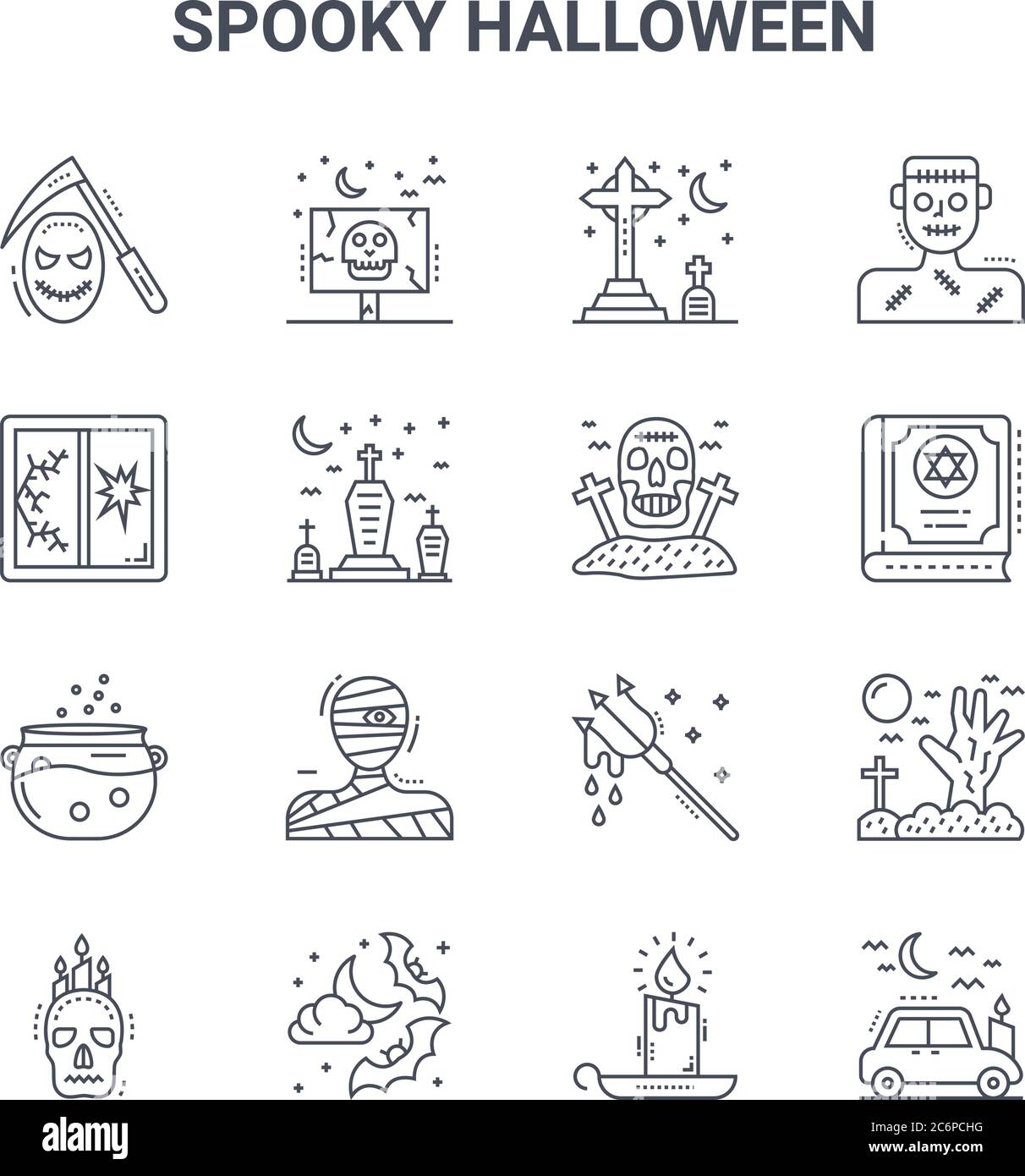Set von 16 gruseligen halloween Konzept Vektor-Linie Symbole. 64x64 dünne Strichikonen wie erschreckend, kaputtes Fenster, magisches Buch, erschreckend, Nacht, Auto, Stock Vektor
