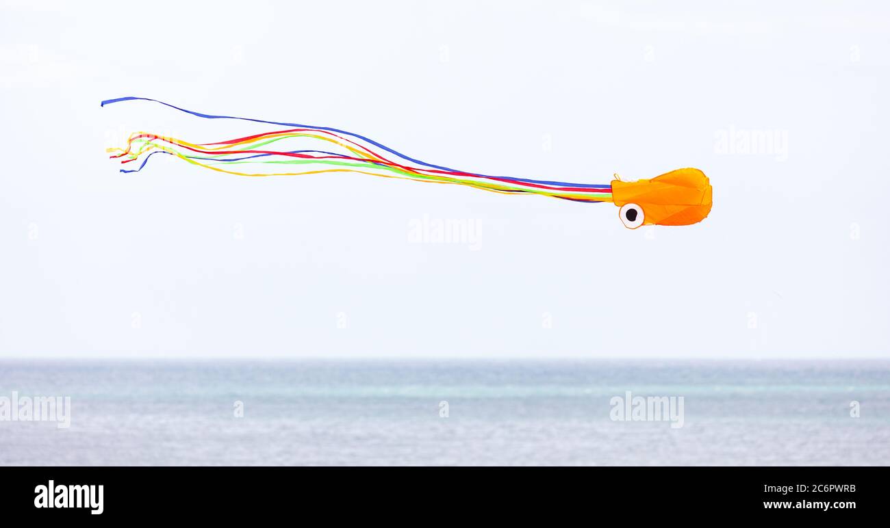 Cartoon wie Drachen mit langen Schwänzen fliegen über dem Meer Stockfoto