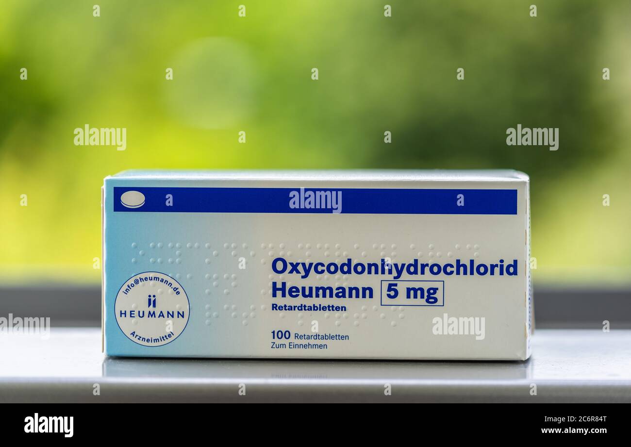 Eine Packung mit 5mg Oxycodon-Hydrochlorid-Opioid-Schmerztabletten Stockfoto