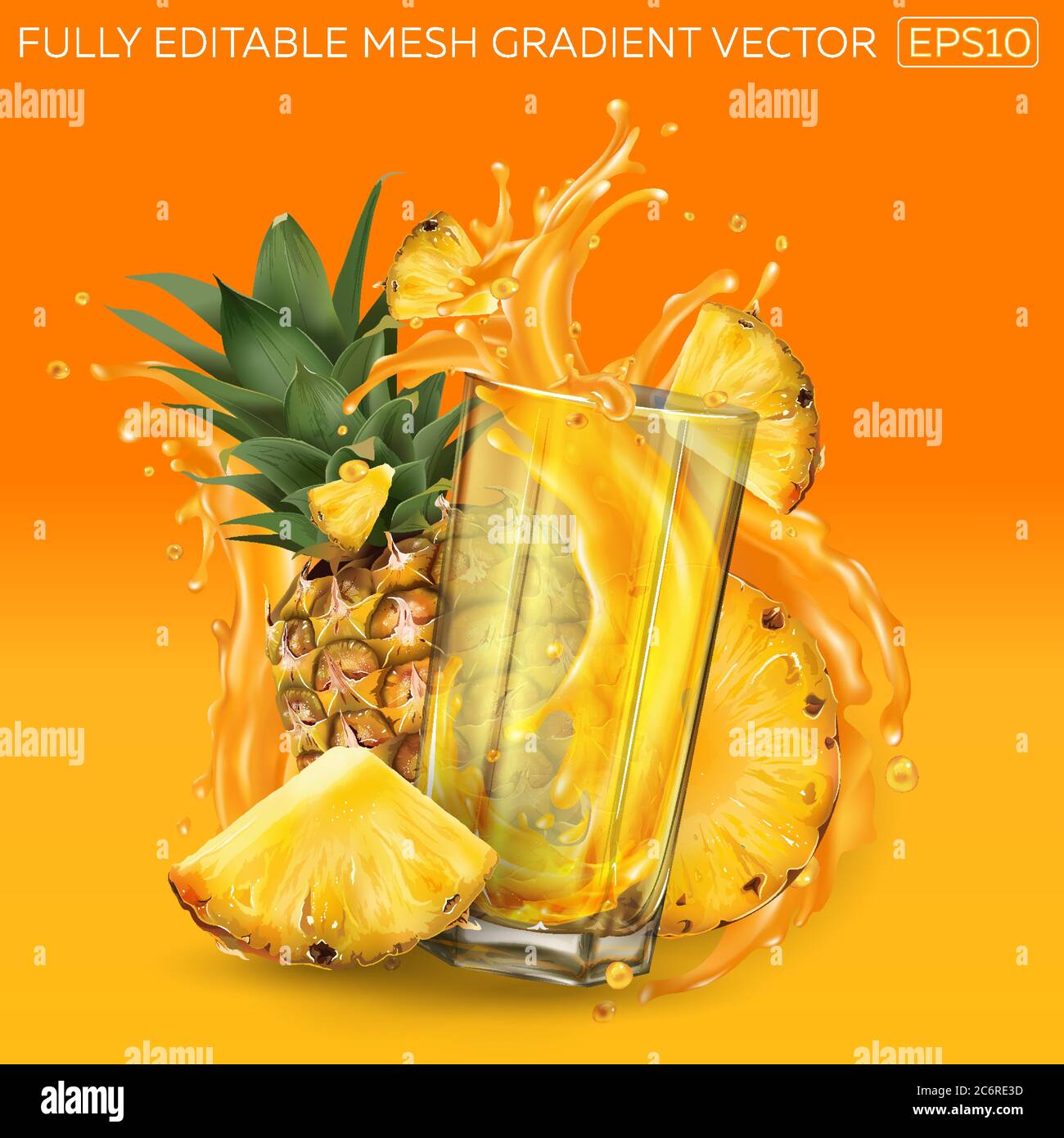 Ananas und ein Glas Saft auf orangefarbenem Hintergrund. Stock Vektor