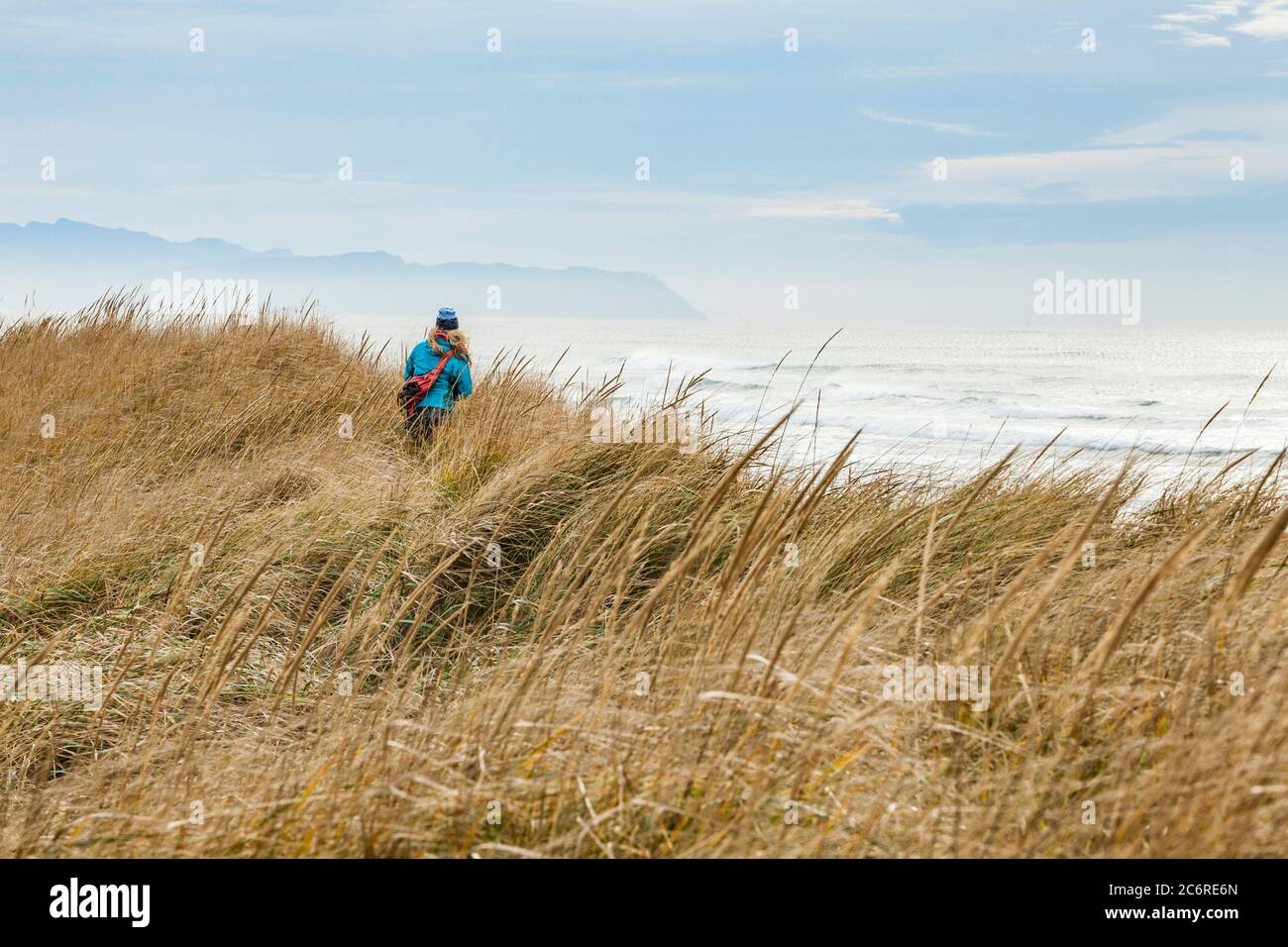 Eine Frau, die auf den grasbewachsenen Sanddünen des Fort Stevens State Park entlang der Pazifikküste, Oregon, USA, wandert. Stockfoto