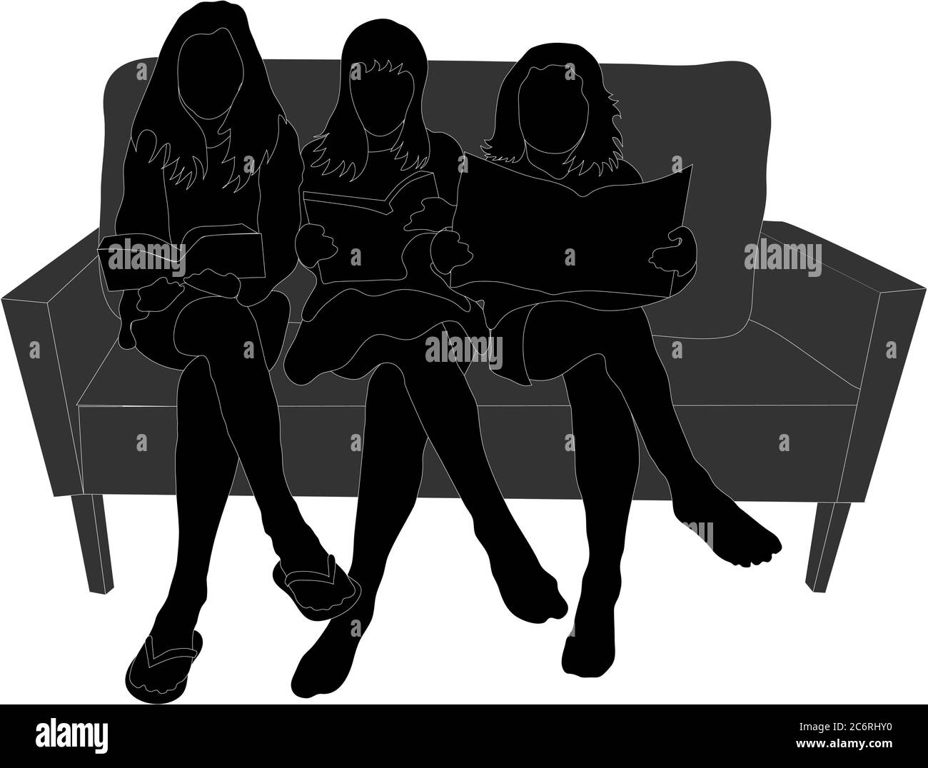 Drei Mädchen sitzen auf einer Couch lesen Stock Vektor