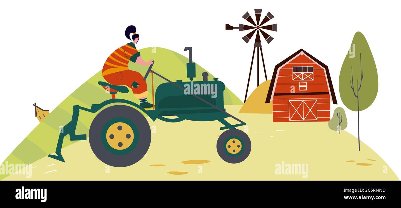 Ökologischer Landbau. Landwirtschaftliche Arbeiter Pflanzen und sammeln Getreide, Arbeiten an Traktor, Landwirt, Bauernhaus. Flache Cartoon-Vektor-Illustration. Lokale Gruppen Stock Vektor